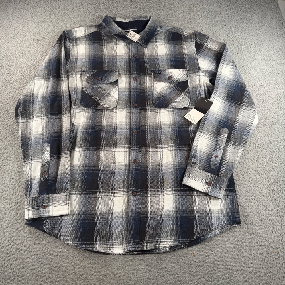 RVCA Flannel Shirt Men XL Blue White Plaid Button Up Long Sleeve Regular Fit NWT